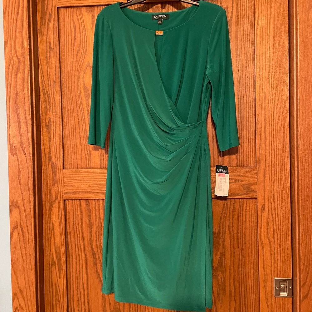 Size 10 Ralph Lauren dress. Jardin Green. Wrap style dress with 3/4 sleeves.